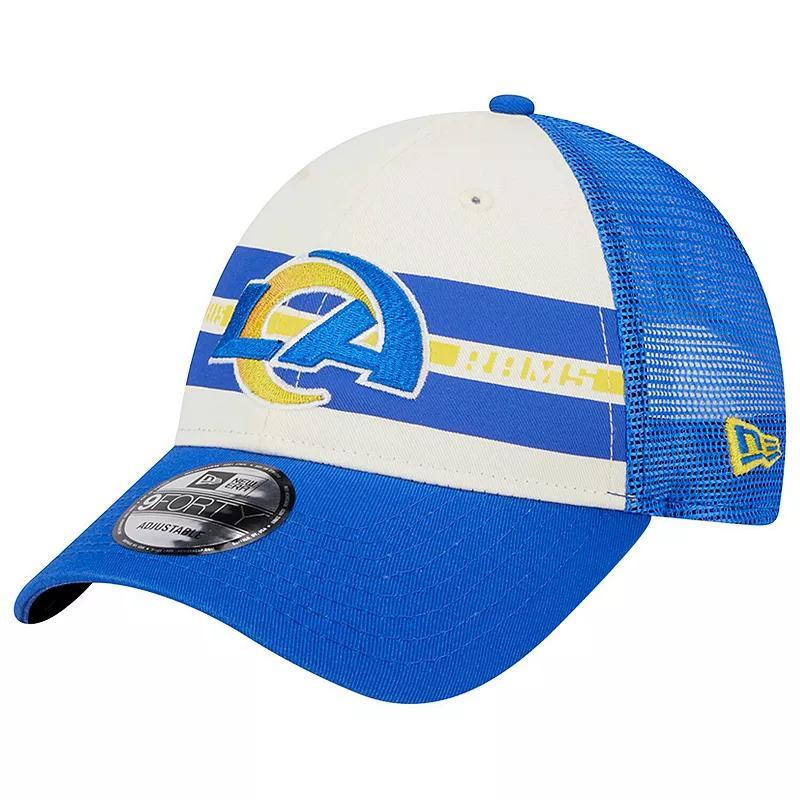 Mens New Era Cream/Royal Los Angeles Rams Team Stripe Trucker 9FORTY Snapback Hat Product Image