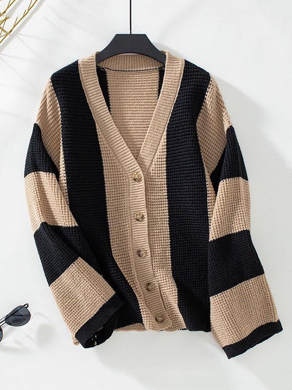 Flared Sleeves Long Sleeves Buttoned Contrast Color Striped V-Neck Cardigan Tops Product Image