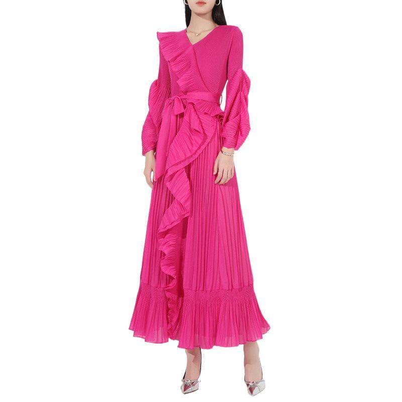 Long-Sleeve V-Neck Plain Ruffle Trim Crinkle Tie Waist Maxi A-Line Dress Product Image