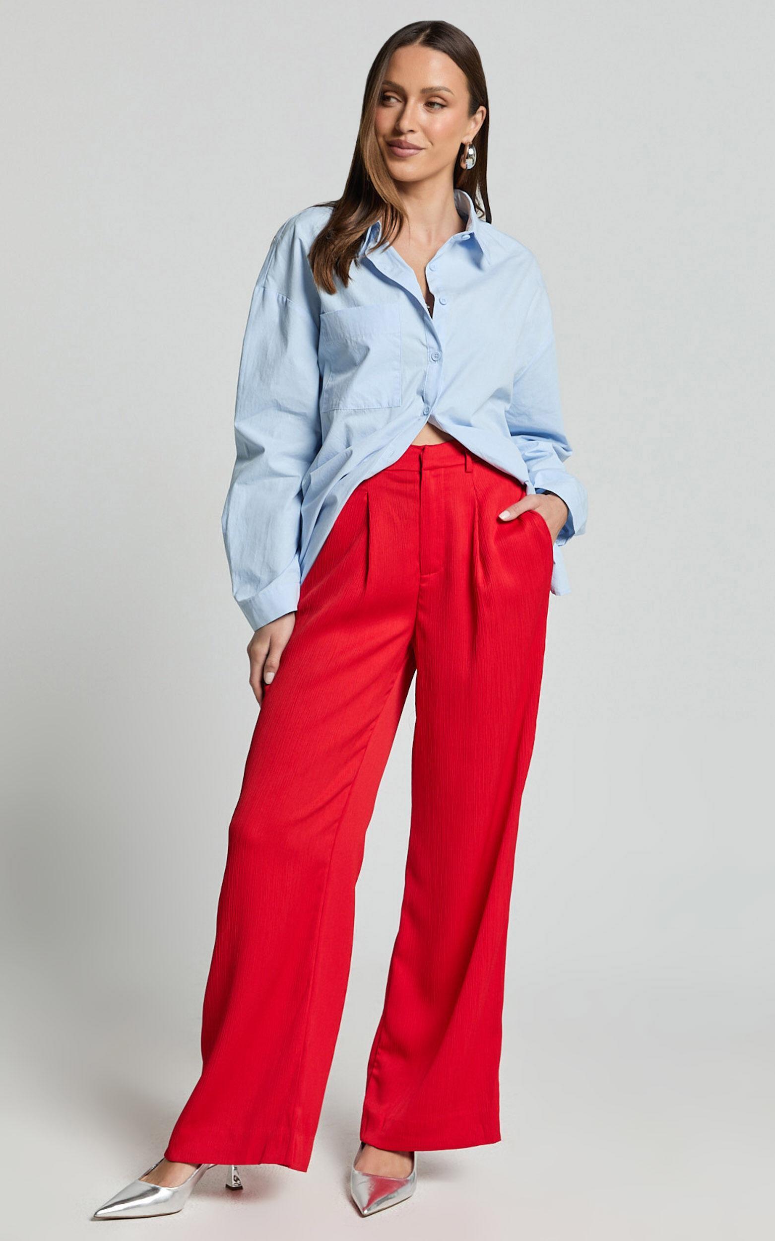 Jacie Pants - High Waisted Relaxed Textured Pants in Red Product Image