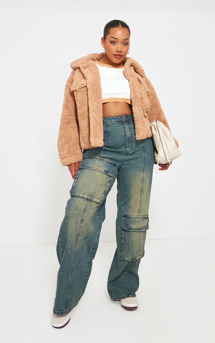 Plus Brown Cropped Sherpa Oversized Jacket Product Image