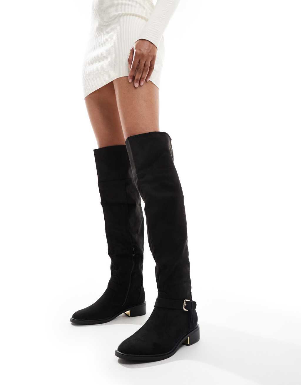 SEQWL Wide Fit over the knee flat boots with tassels in black Product Image