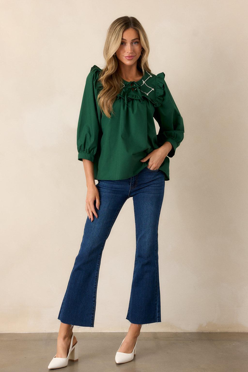 It Happens Hunter Green Ruffle Puff Sleeve Top product image