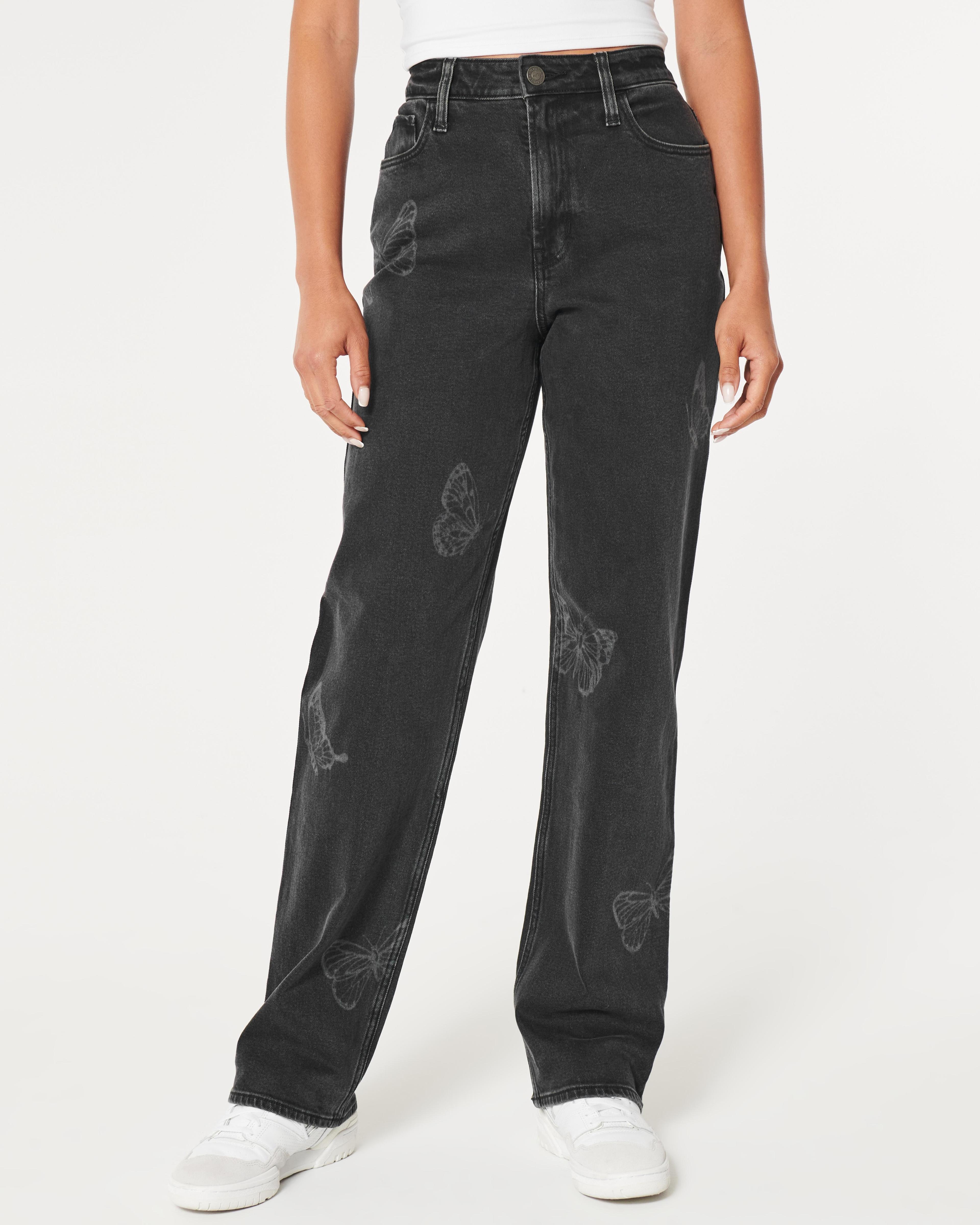 Ultra High-Rise Washed Black Butterfly Print Dad Jeans Product Image