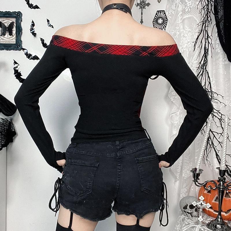 Long-Sleeve Off Shoulder Star Applique Tee Product Image