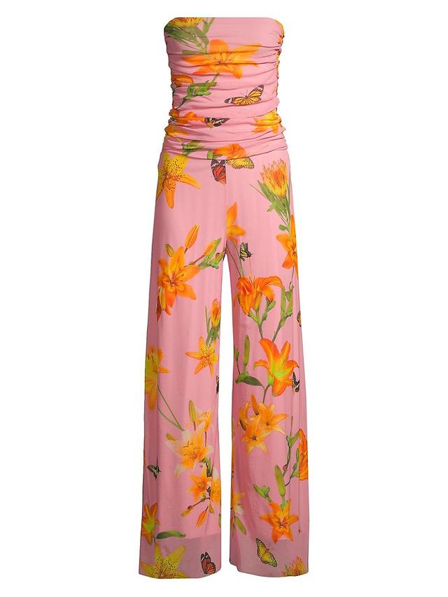 Womens Mesh Floral Strapless Ruched Jumpsuit Product Image