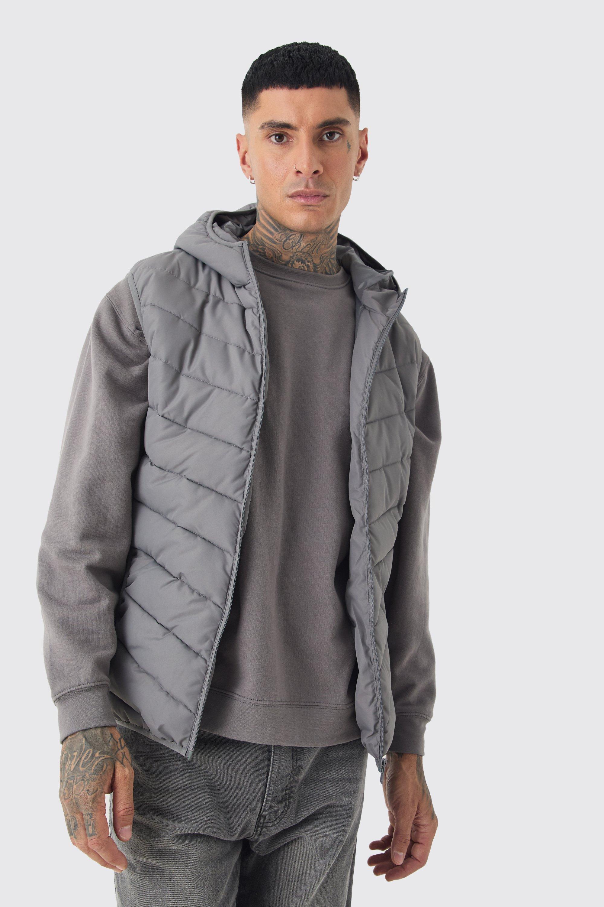 Tall Quilted Zip Through Hooded Vest In Charcoal | boohooMAN USA Product Image