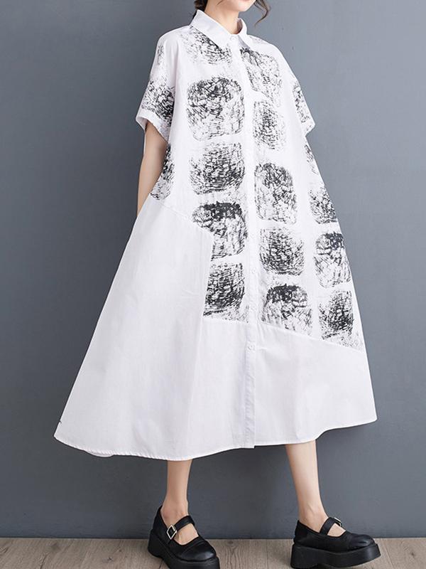 Loose Short Sleeves Abstract Printed Lapel Midi Dresses Shirt Dress Product Image