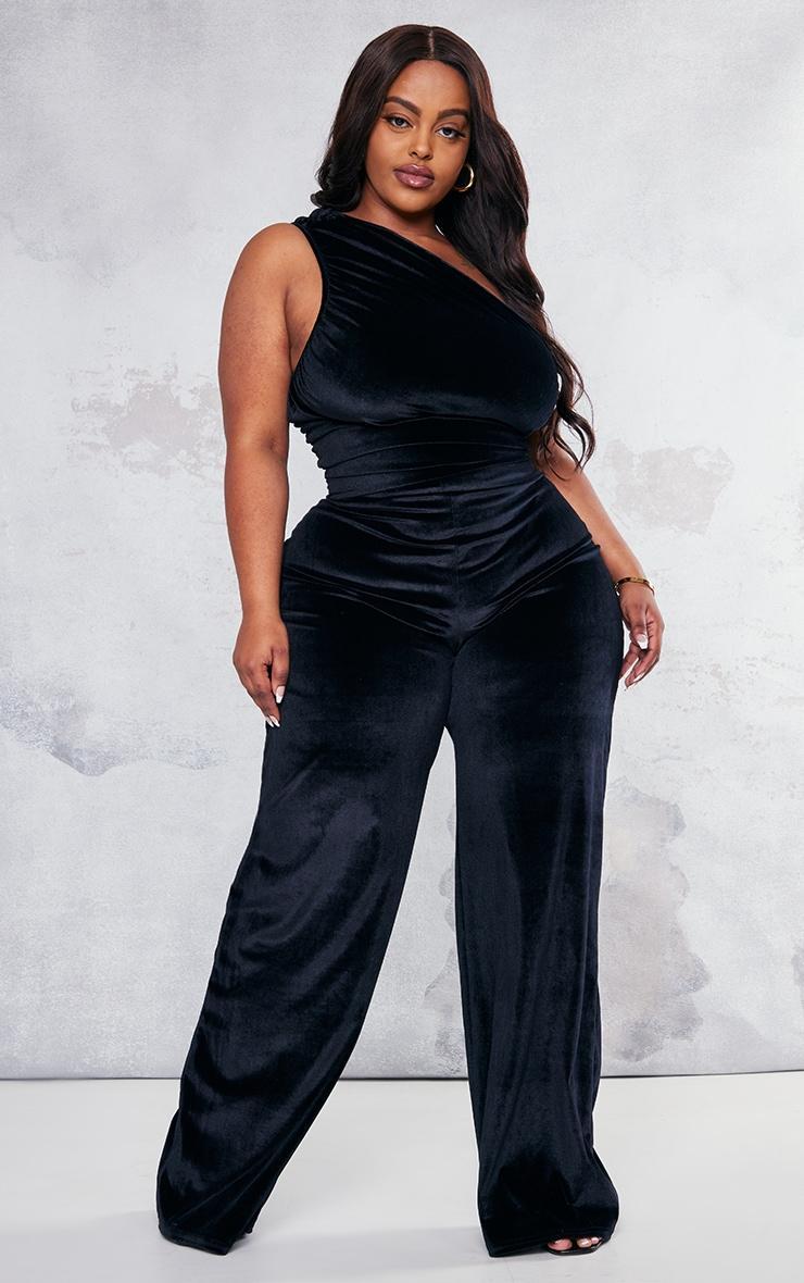 Plus Black Velvet One Shoulder Wide Leg Jumpsuit Product Image