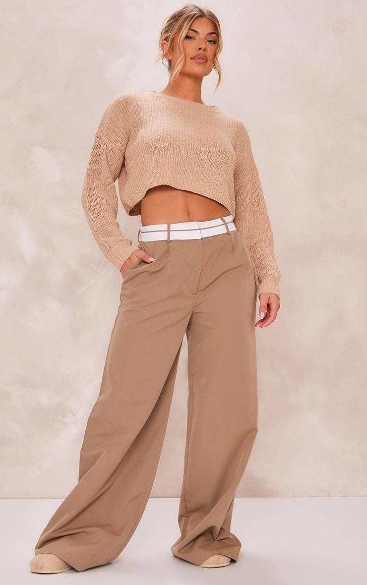 Camel Basic Crew Neck Crop Knit Sweater Product Image