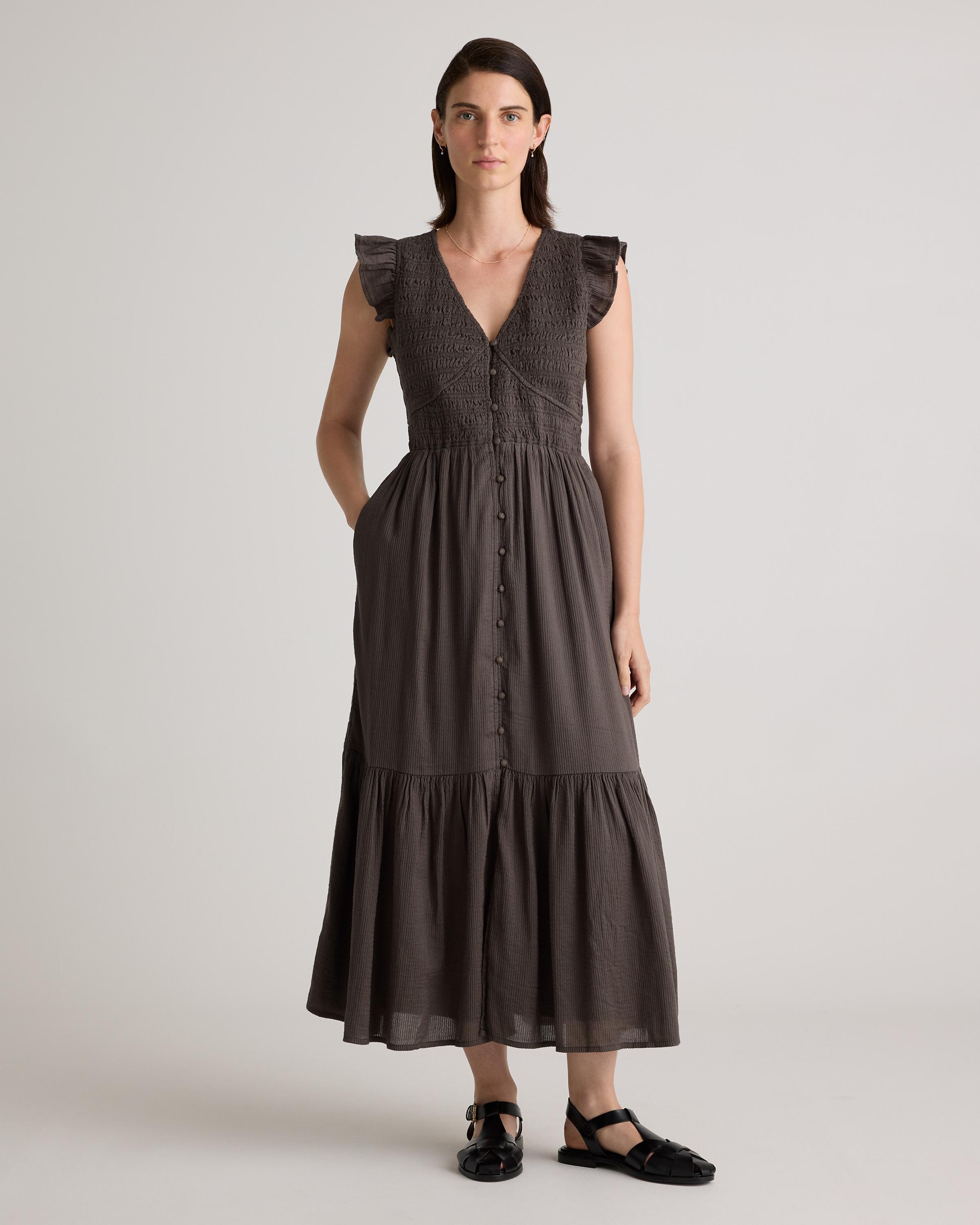 Organic Textured Cotton Smocked V-neck Midi Dress Product Image