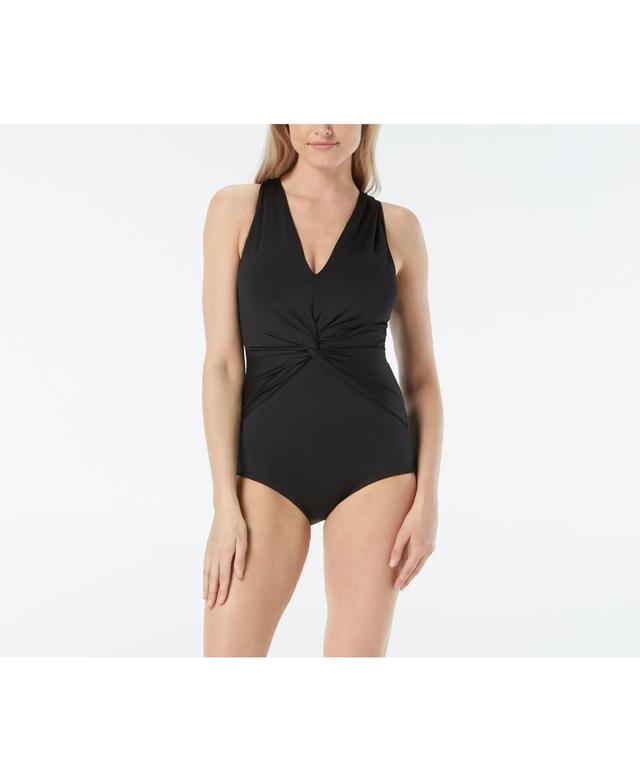 Women's Missy Solids Draped Twist V-Neck One Piece Swimsuit Product Image