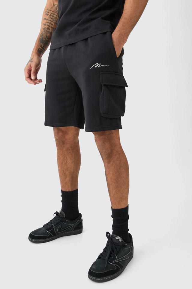 Mens Black Man Signature Mid Length Loose Cargo Shorts, Black Product Image