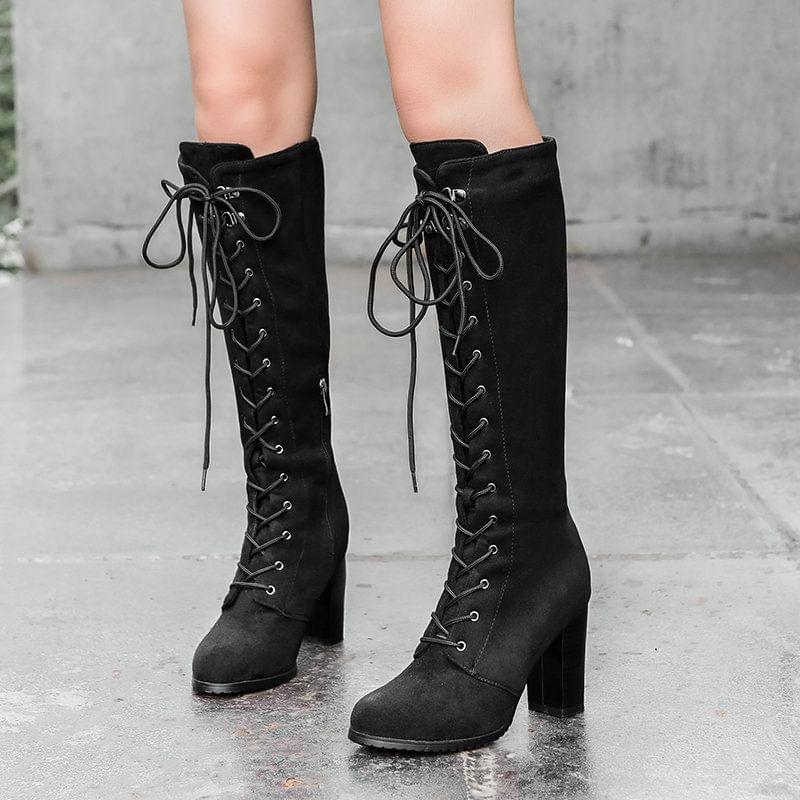 Block Heel Faux Leather Lace-Up Tall Boots Product Image