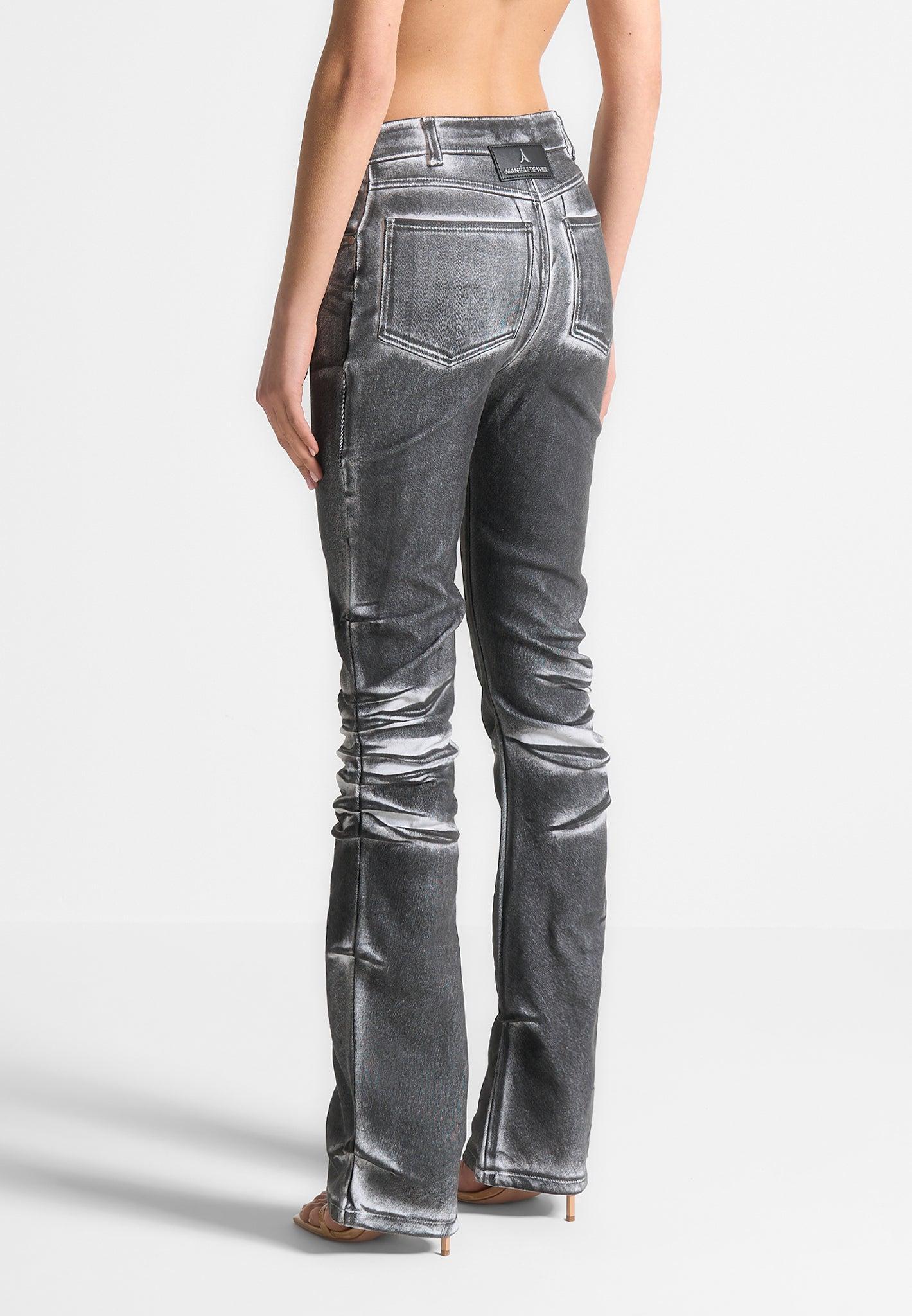 Oil Print Tacked Fit and Flare Jeans - White/Grey Female Product Image