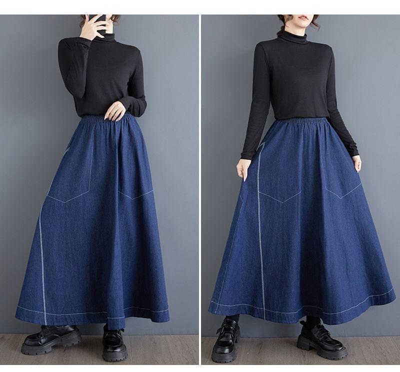 Elastic Waist Contrast Stitched Slit Denim Maxi A-Line Skirt Product Image