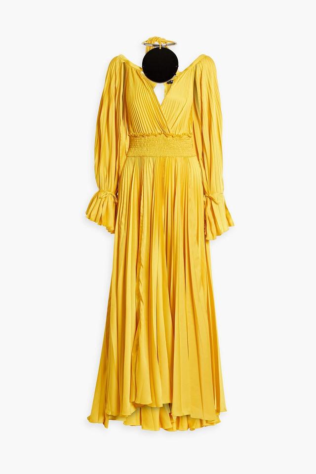 Cutout Embellished Pleated Satin Maxi Dress In Yellow Product Image