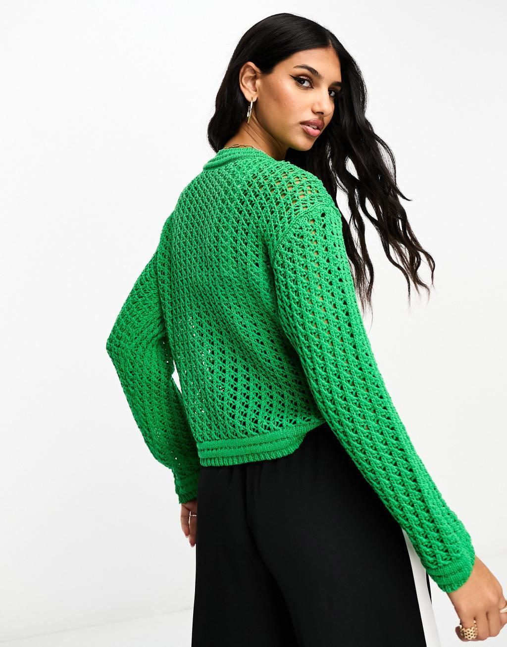 Mango cable knit cropped long sleeve sweater in green Product Image