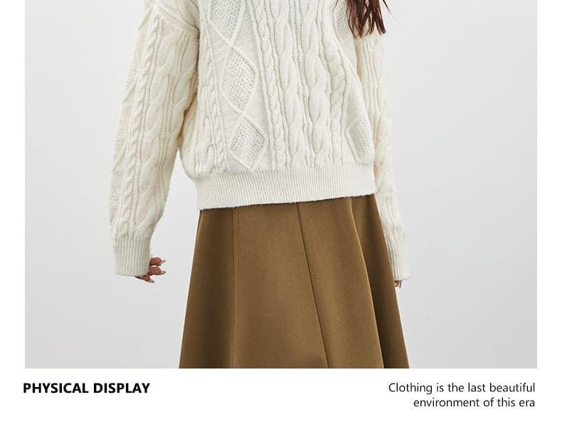 Notch Neck Plain Cable Knit Sweater Product Image