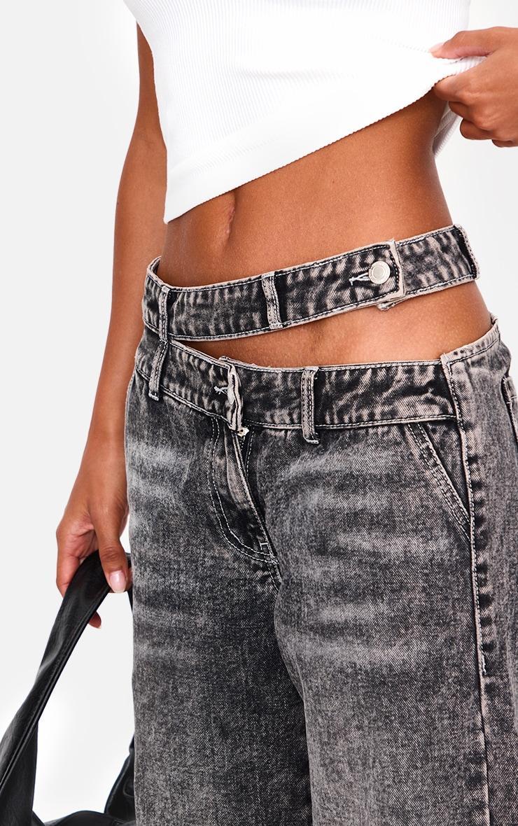  Washed Grey Cut Out Asymmetric Waistband Wide Leg Jeans Product Image