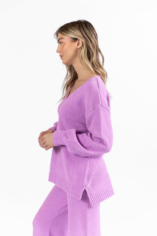 Cozy For Keeps Lavender V-Neck Sweater Product Image