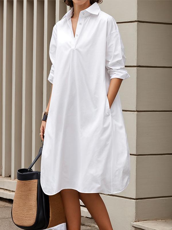 Long Sleeves Loose Pleated Solid Color Split-Joint Lapel Midi Dresses Shirt Dress Product Image