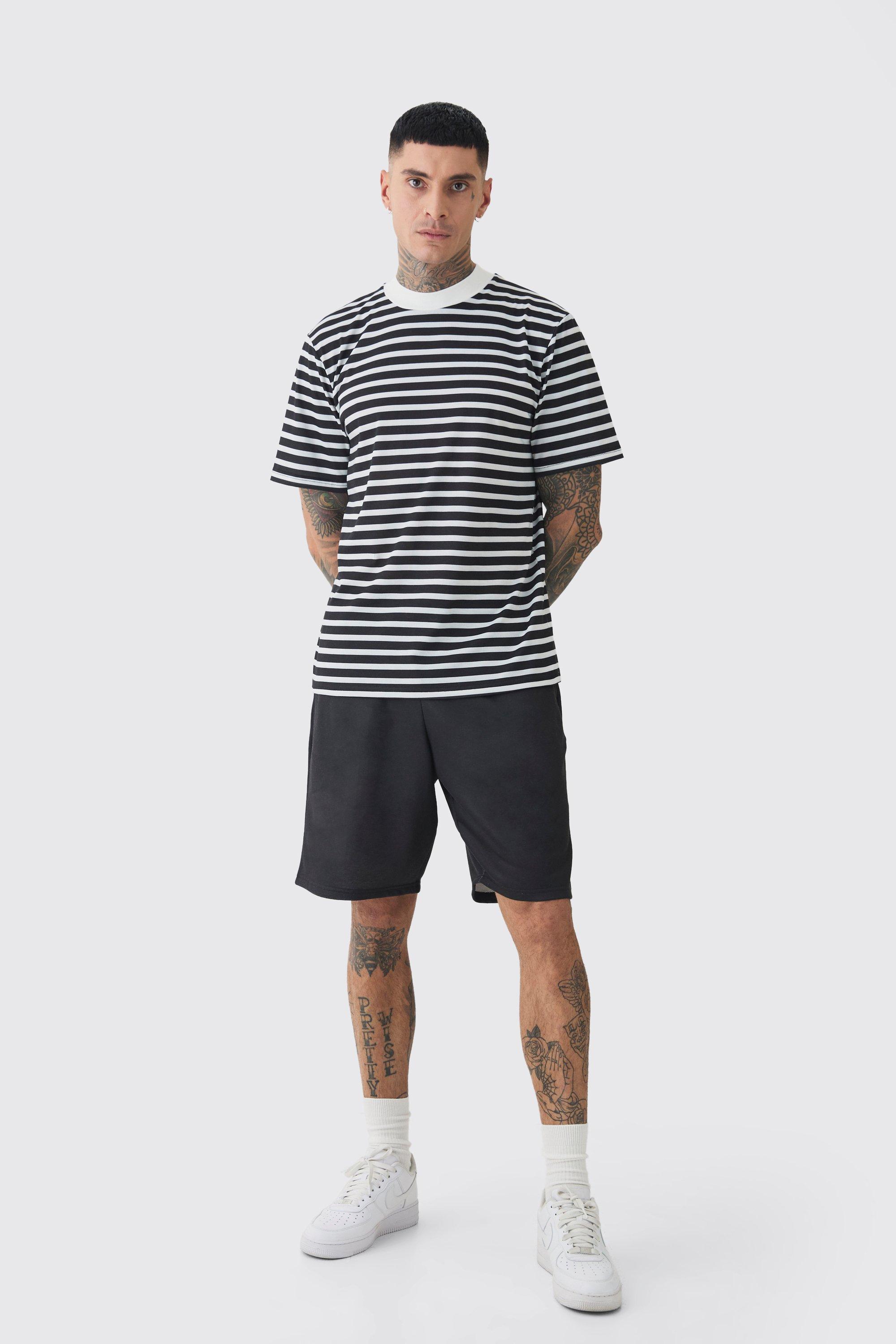 Tall Extended Neck Stripe T-shirt & Short Set | boohooMAN USA Product Image