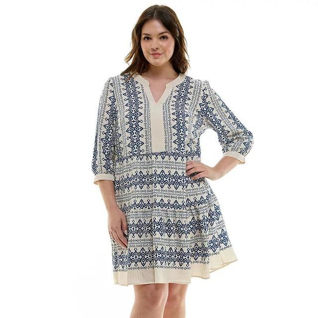 Plus Size Figueroa & Flower V-Neck Printed Baby Doll Dress, Womens Ivory Navy Product Image