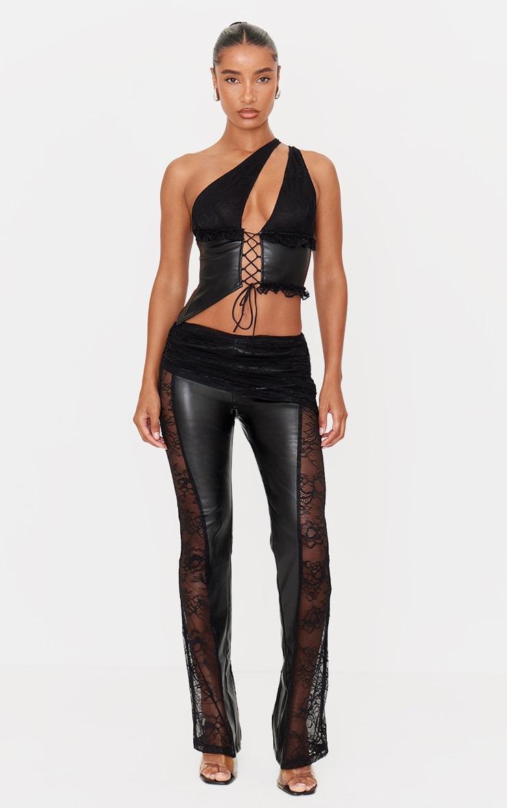 Black Faux Leather Lace Ruched Waist Flared Pants product image