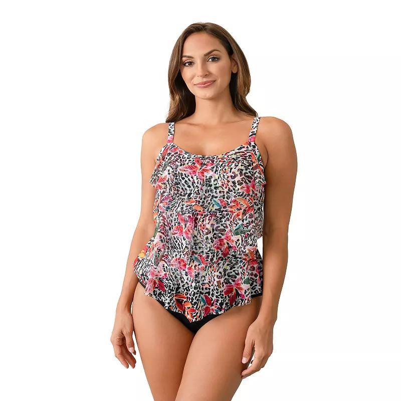 Womens Del Raya Womens 3-Tier Jungle Lilies Ruffle Mesh Tankini Top Product Image