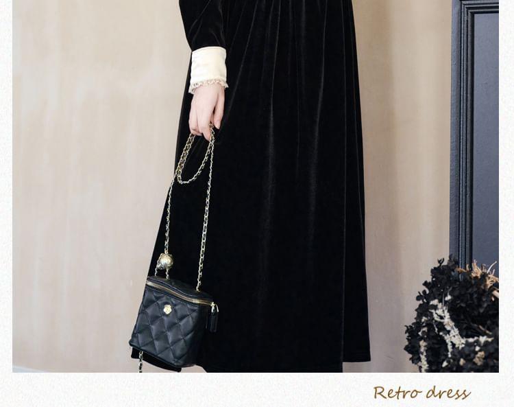 Long-Sleeve Crewneck Velvet Maxi A-Line Dress Product Image