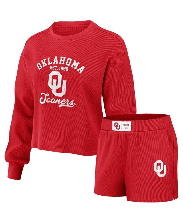 Womens WEAR by Erin Andrews Crimson Oklahoma Sooners Waffle Knit Long Sleeve T-Shirt & Shorts Lounge Set Product Image