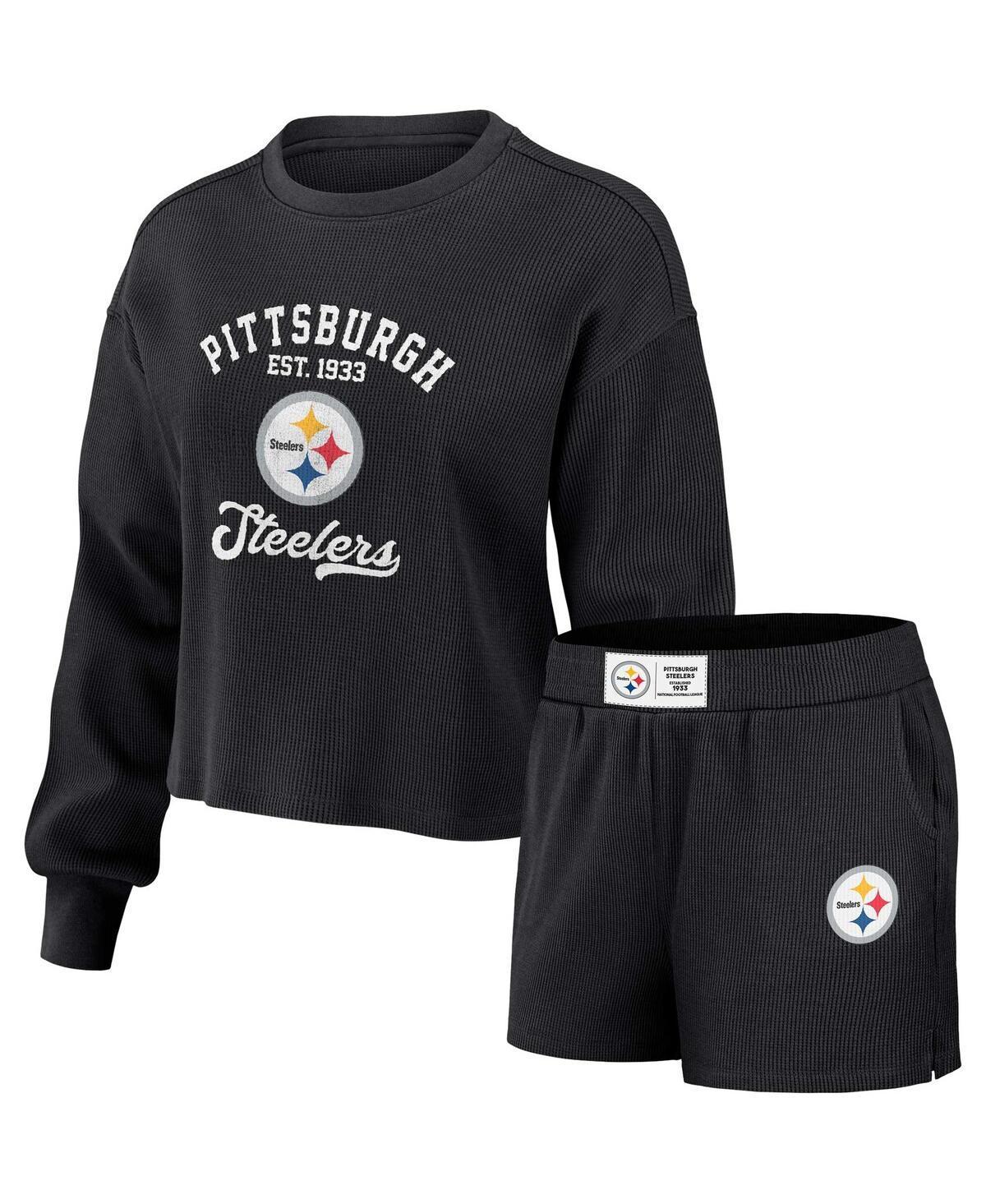 Womens Wear by Erin Andrews Black Distressed Pittsburgh Steelers Waffle Knit Long Sleeve T-shirt and Shorts Lounge Set Product Image