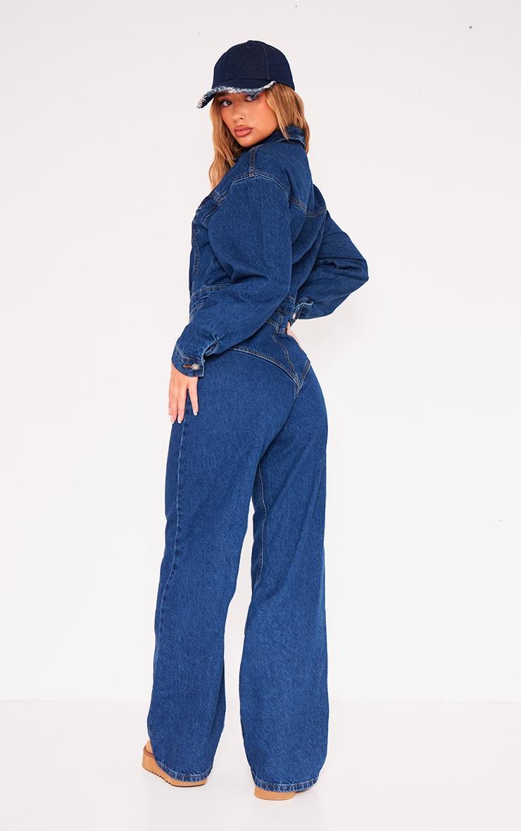 Indigo Blue Wash Seam Detail Button Up Denim Jumpsuit Product Image