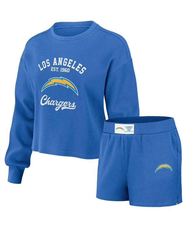 Womens Wear by Erin Andrews Blue Distressed Los Angeles Chargers Waffle Knit Long Sleeve T-shirt and Shorts Lounge Set Product Image