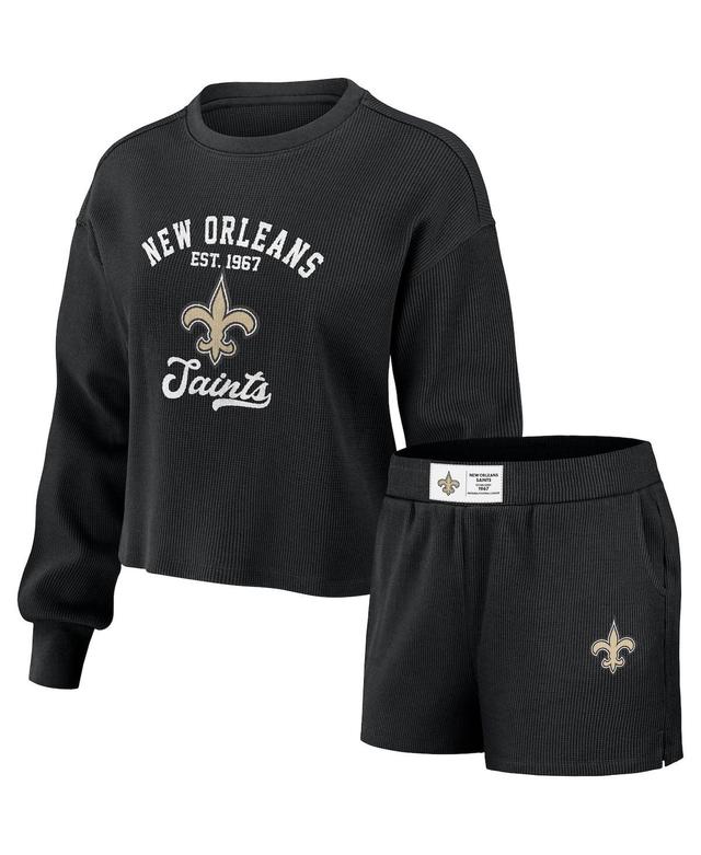 Womens Wear by Erin Andrews Black Distressed New Orleans Saints Waffle Knit Long Sleeve T-shirt and Shorts Lounge Set Product Image