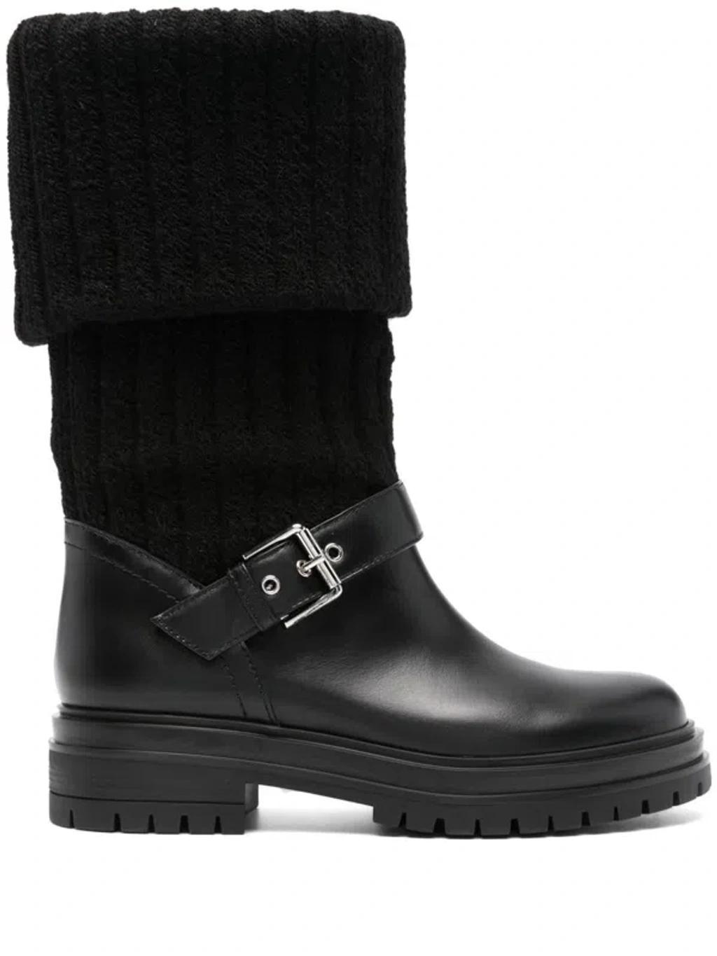 GIANVITO ROSSI Knit-paneled Leather Knee Boots In Black product image