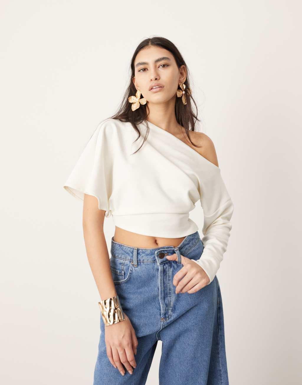 ASOS EDITION one shoulder drape top in white Product Image