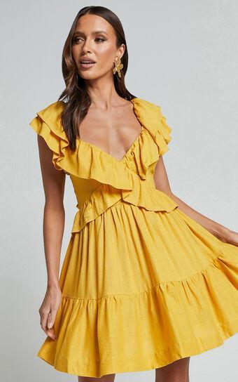 Amalie The Label - Hescia Linen Blend Frill Detail Low Back Mini Dress in Warm Yellow Gold Product Image