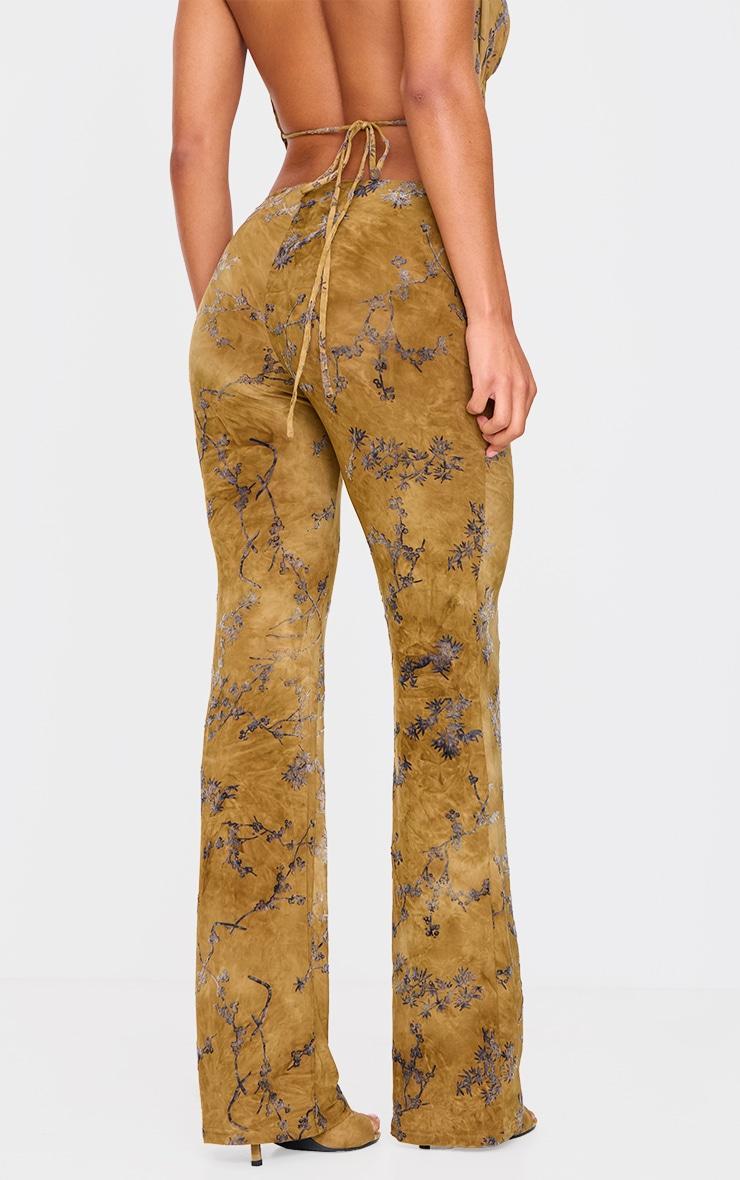 Olive Floral Print Devore Slim Flare Pants Product Image