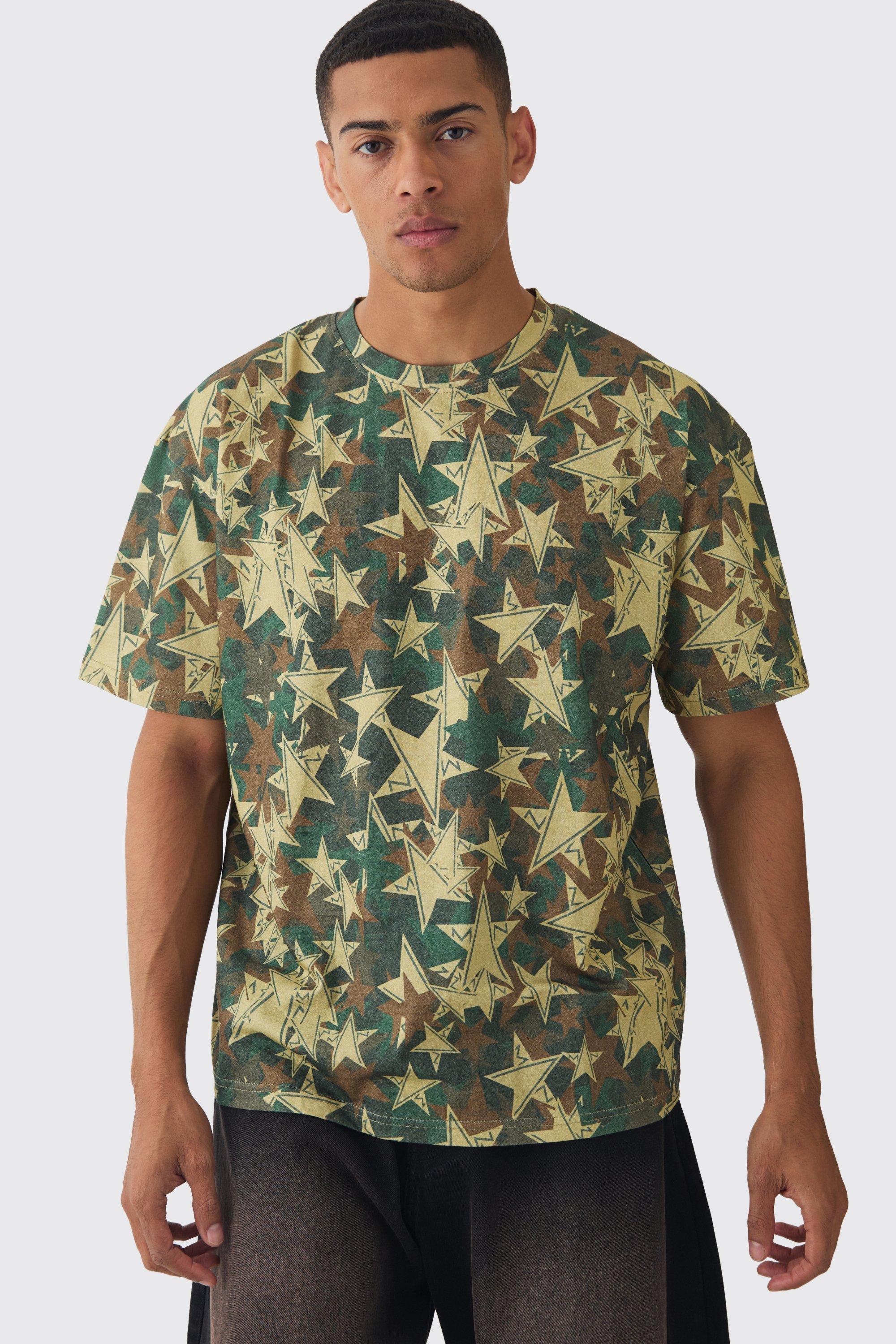 Mens Green Oversized Extended Neck Star Camo T-shirt, Green Product Image