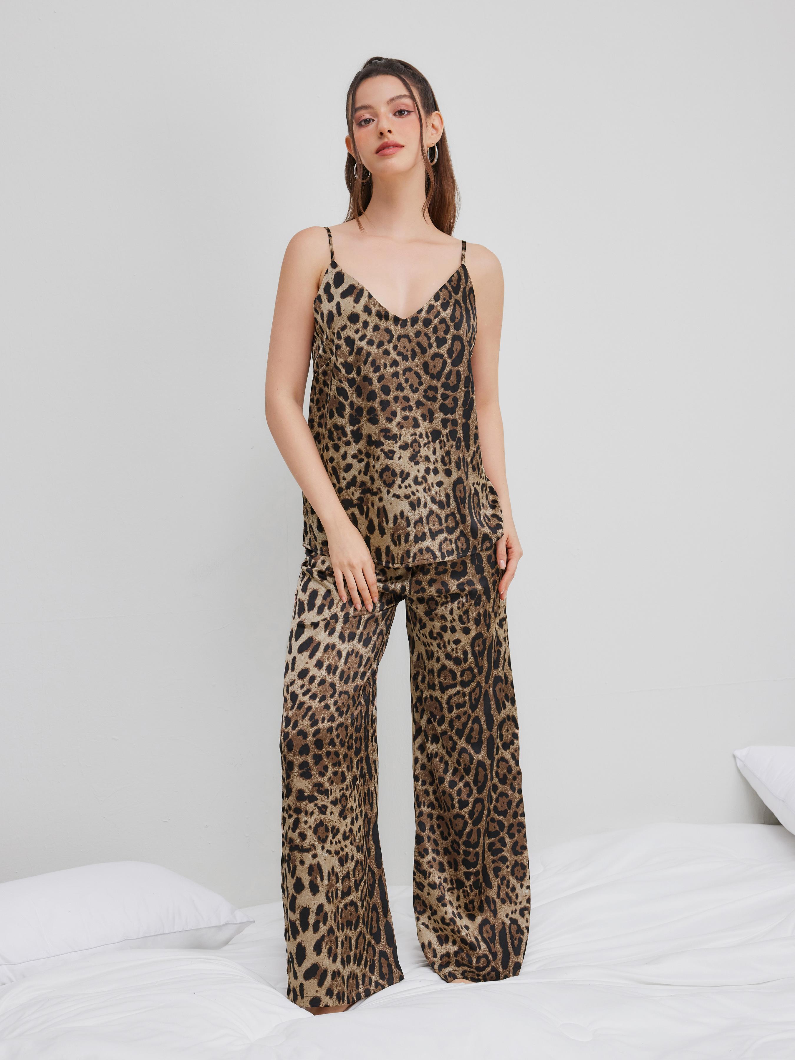 V-neck Leopard Cami Top & Mid Rise Straight Leg Trousers Loungewear Set Product Image