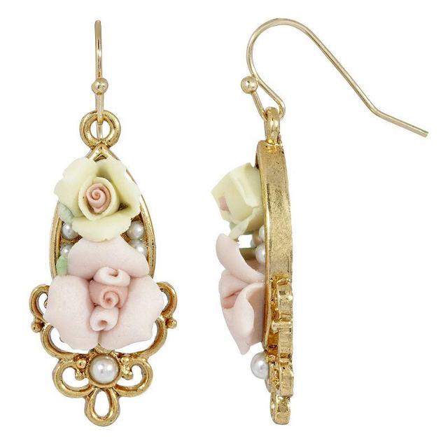 1928 Gold Tone Filigree with Pink & Yellow Porcelain Rose Drop Earrings, Womens Product Image