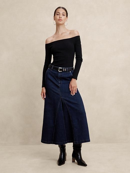 Center Split Classic Denim Maxi Skirt Product Image