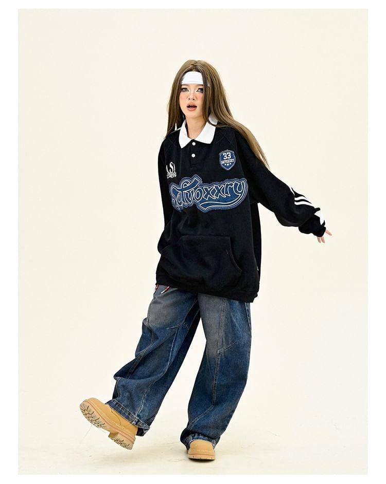 Polo Collar Lettering Embroidered Oversized Sweatshirt Product Image