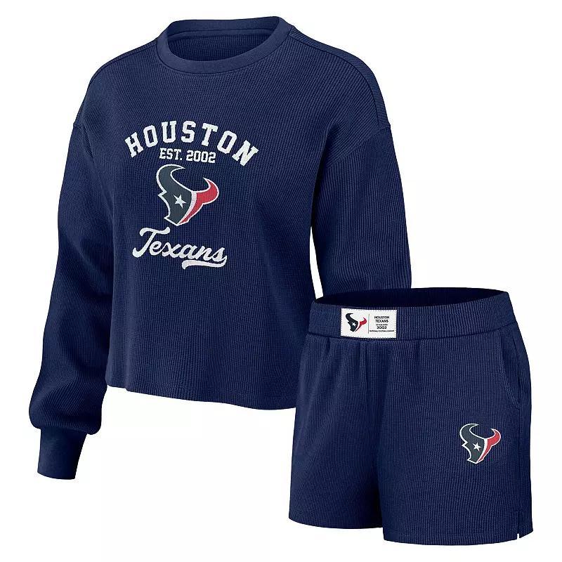 Womens Wear by Erin Andrews Navy Distressed Houston Texans Waffle Knit Long Sleeve T-shirt and Shorts Lounge Set Product Image