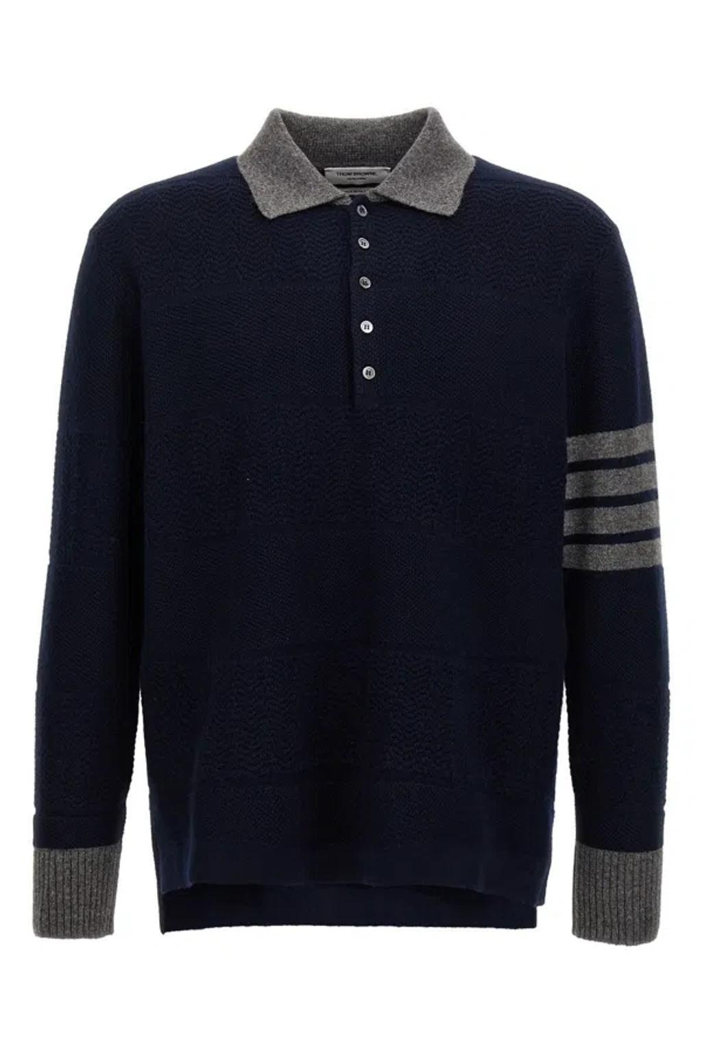 THOM BROWNE 4-bar Striped Virgin Wool Polo Sweater In Blue Product Image