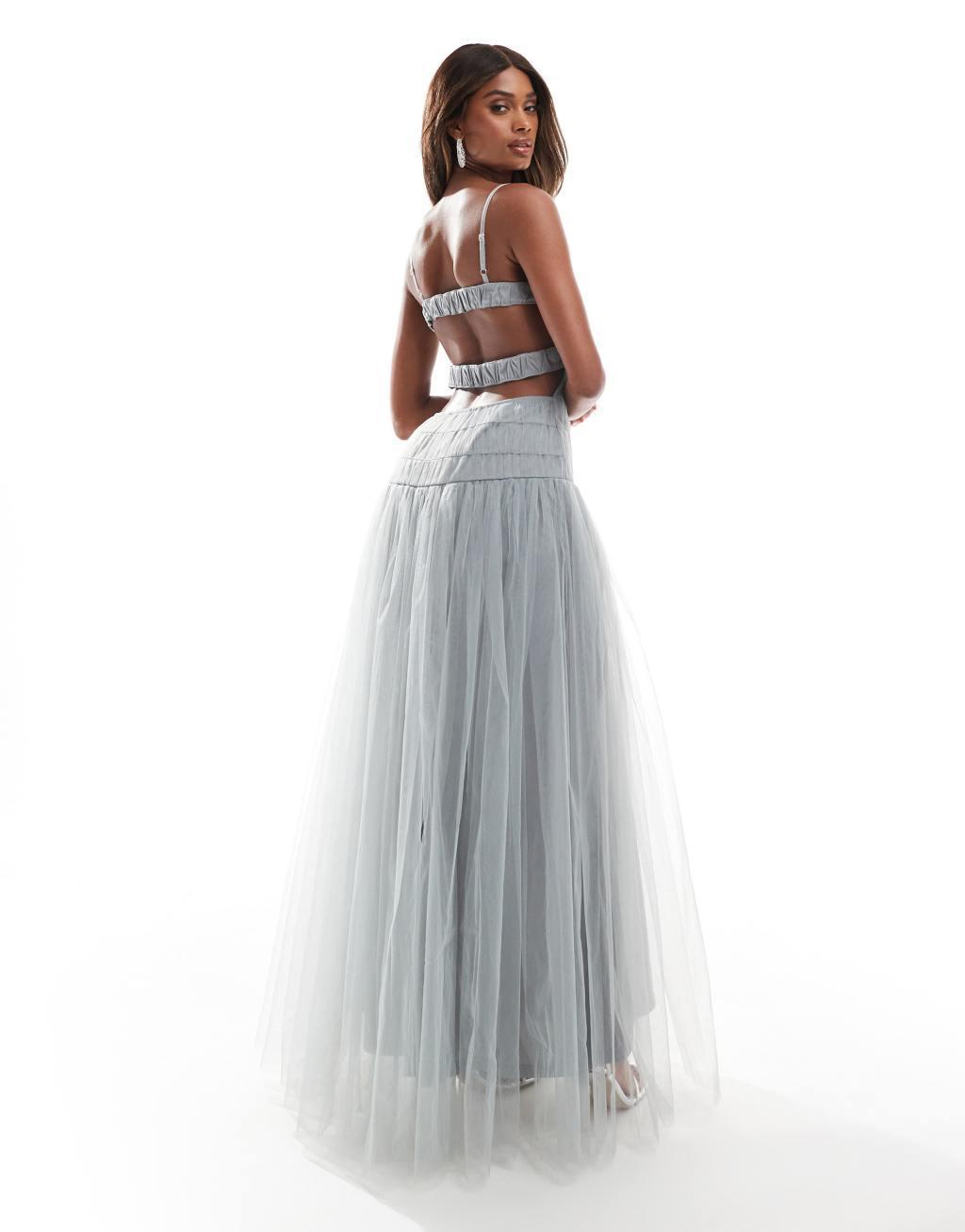 Lace & Beads drop waist tulle maxi dress in gray Product Image