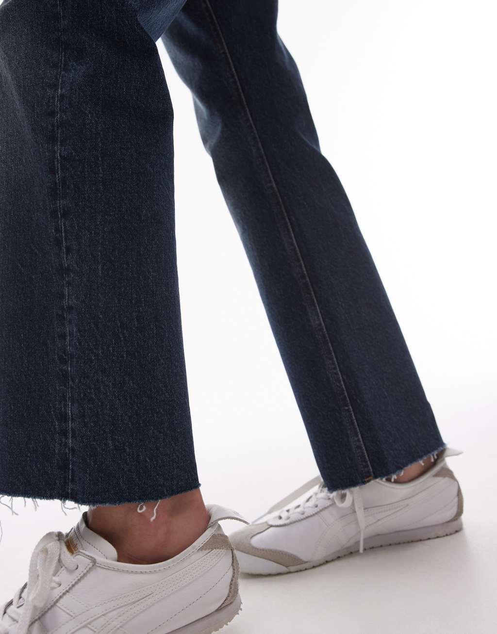 Topshop cropped mid rise straight jeans with raw hems in filthy rich blue  Product Image