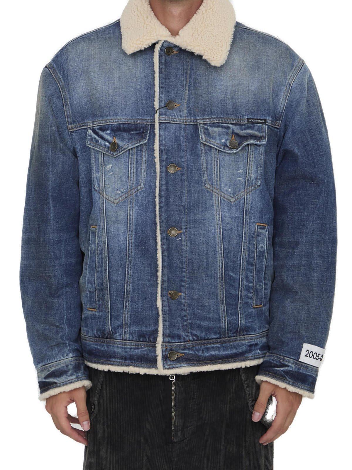 Distressed Denim Teddy Jacket In Navy Product Image